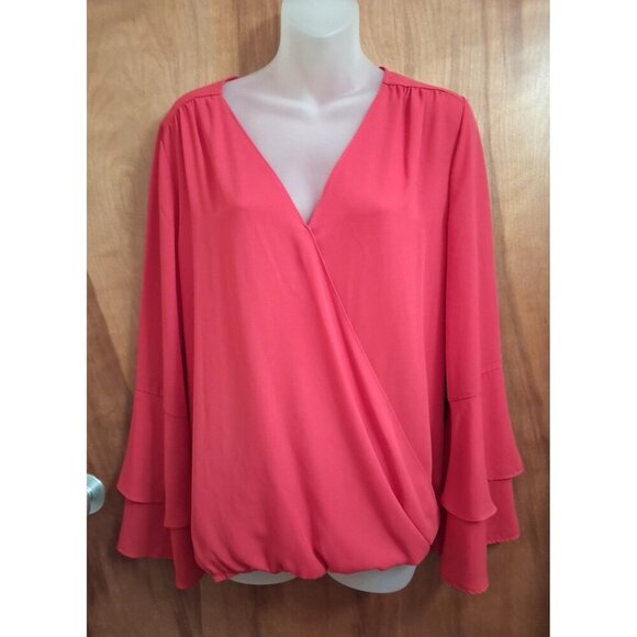 Michael Kors Women Blouse L Faux Wrap Ruffle Bell Sleeve Red Flowy Chiffon - Picture 2 of 6